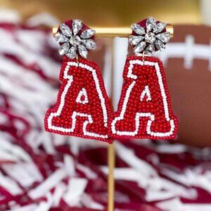 ALABAMA Roll Tide Letter A Crystal Topped Seed Beaded Football Team Earrings